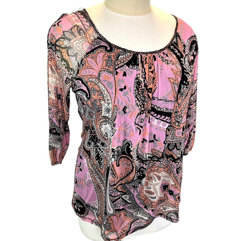 INC - Women's 1X Blouse Pink Orange Paisley Stretch Mesh Sleeve Cutouts